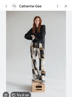 Catherine Gee Design Parisa Wide-Leg Silk Pants in Black & White Chain Print